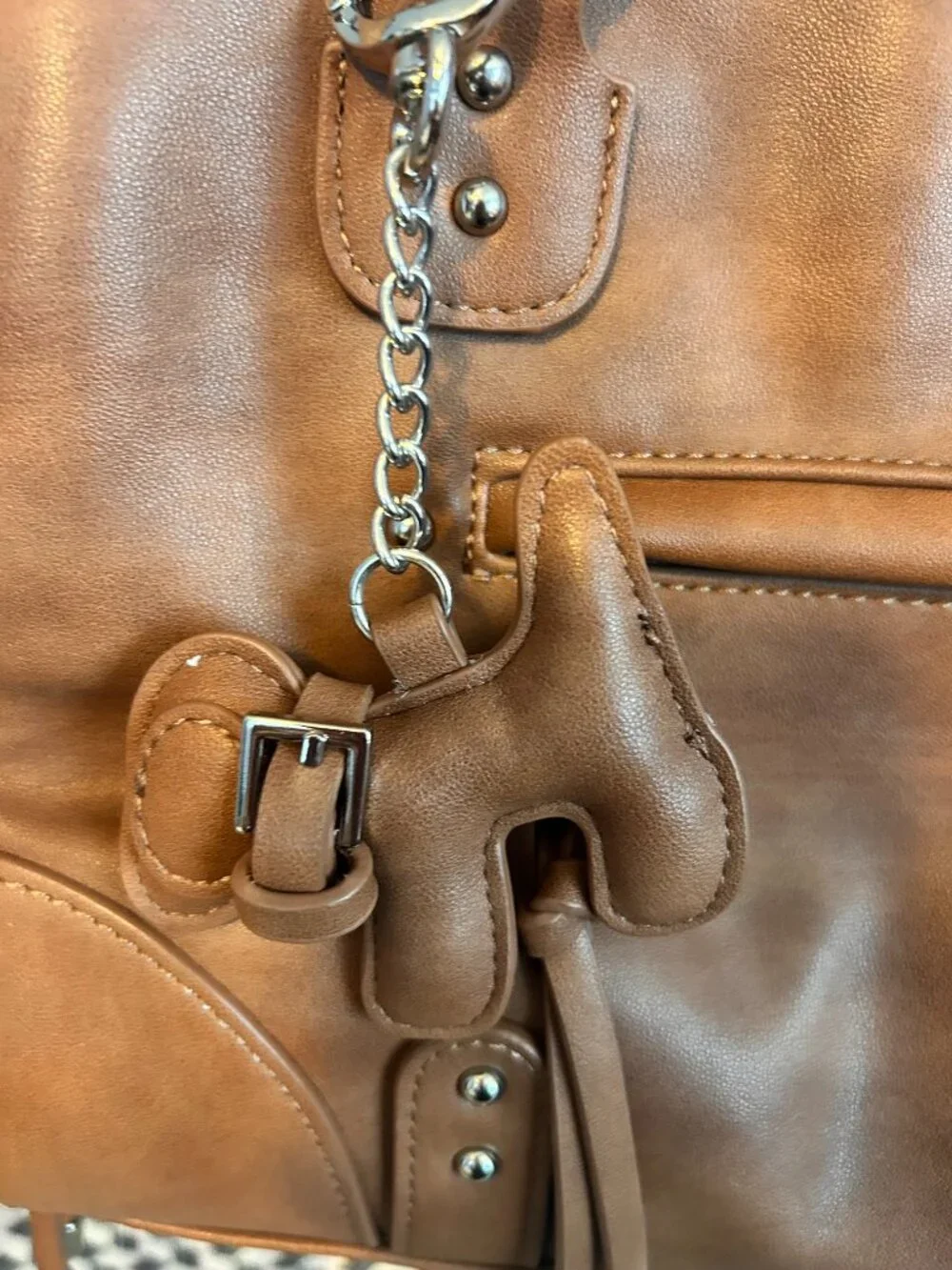 Steve Madden Tan/Brown PU Leather Satchel with Tassel and Puppy Key Chain